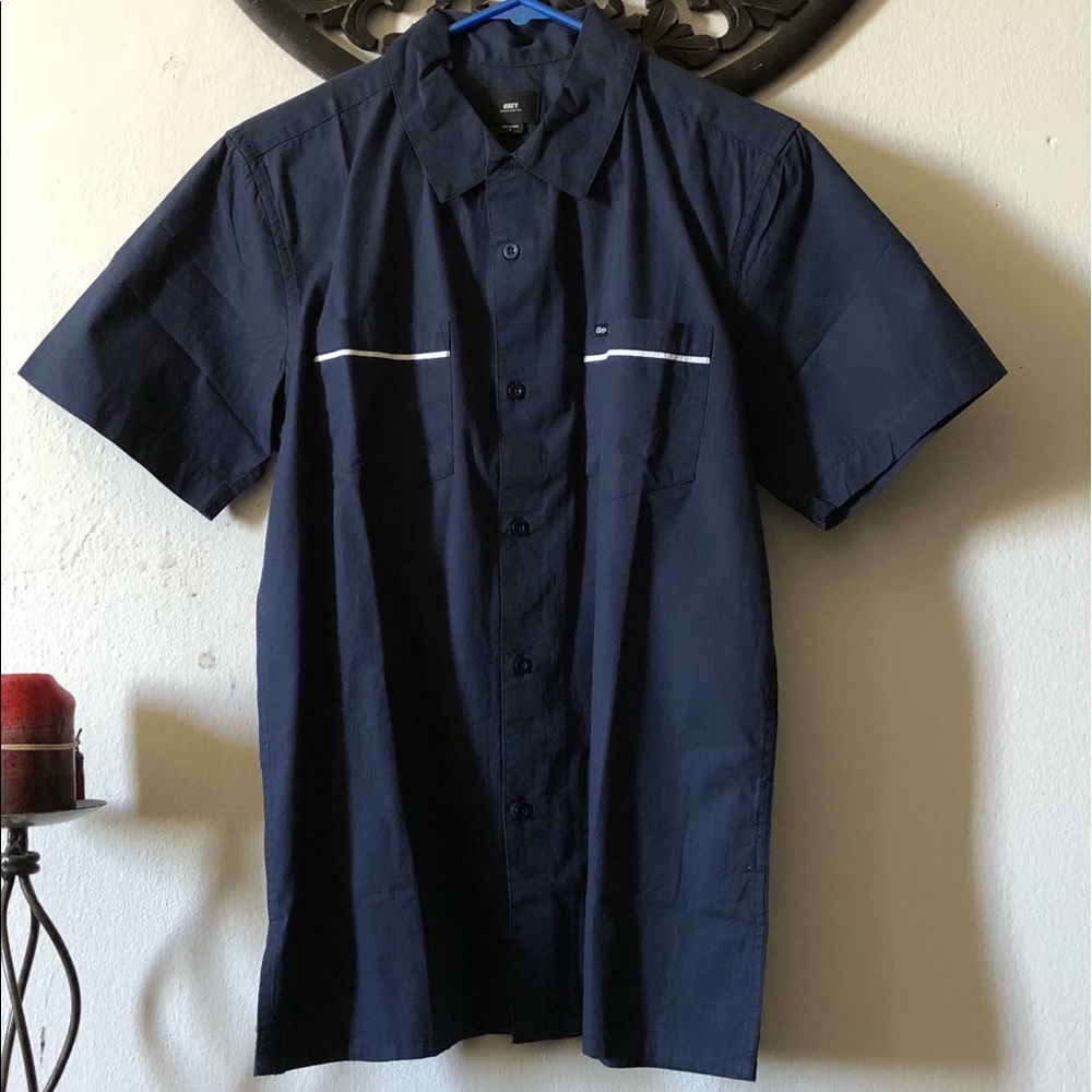 New OBEY Wicker Woven S/S Men's Shirt, Navy Small